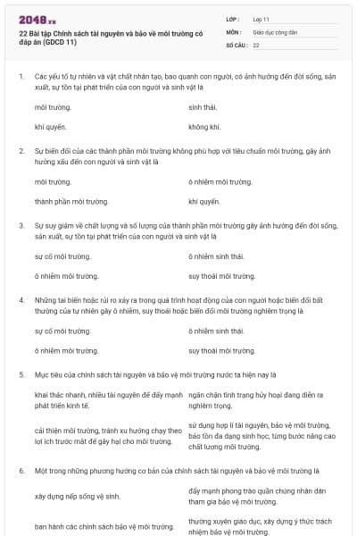 22 Bài tập Chính sách tài nguyên và bảo về môi trường có đáp án (GDCD 11)