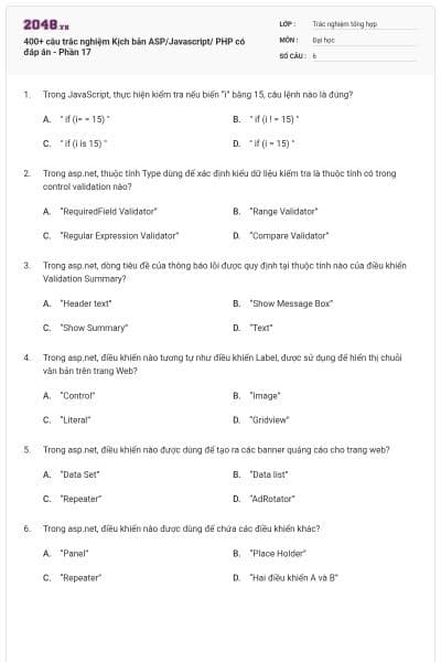 400+ câu trắc nghiệm Kịch bản ASP/Javascript/ PHP có đáp án - Phần 17