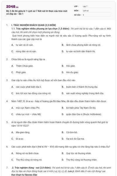Bộ 2 đề thi giữa kì 1 Lịch sử 7 Kết nối tri thức cấu trúc mới có đáp án - Đề 1