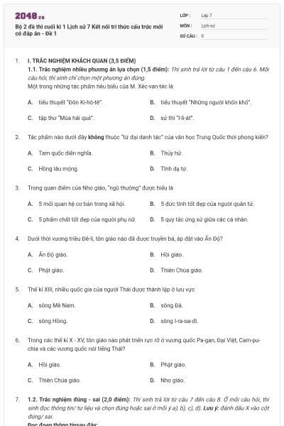 Bộ 2 đề thi cuối kì 1 Lịch sử 7 Kết nối tri thức cấu trúc mới có đáp án - Đề 1