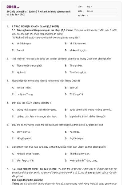 Bộ 2 đề thi cuối kì 1 Lịch sử 7 Kết nối tri thức cấu trúc mới có đáp án - Đề 2