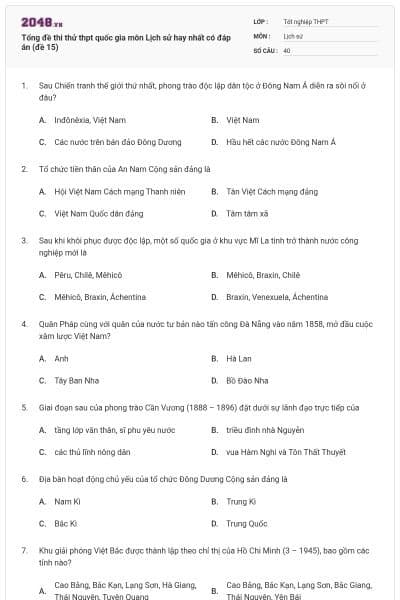Tổng đề thi thử thpt quốc gia môn Lịch sử hay nhất có đáp án (đề 15)