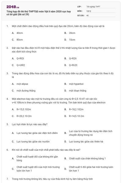 Tổng hợp đề thi thử THPTQG môn Vật lí năm 2020 cực hay có lời giải (Đề số 29)