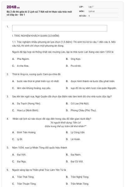 Bộ 2 đề thi giữa kì 2 Lịch sử 7 Kết nối tri thức cấu trúc mới có đáp án - Đề 1