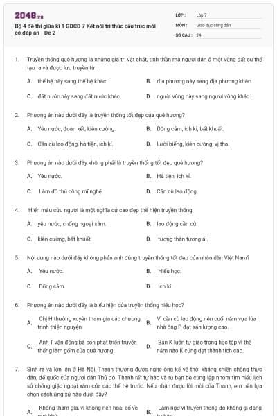 Bộ 4 đề thi giữa kì 1 GDCD 7 Kết nối tri thức cấu trúc mới có đáp án - Đề 2