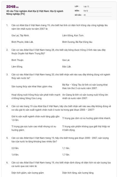 40 câu  Trắc nghiệm Alat Địa lý Việt Nam: Địa lý ngành Nông nghiệp (P2)