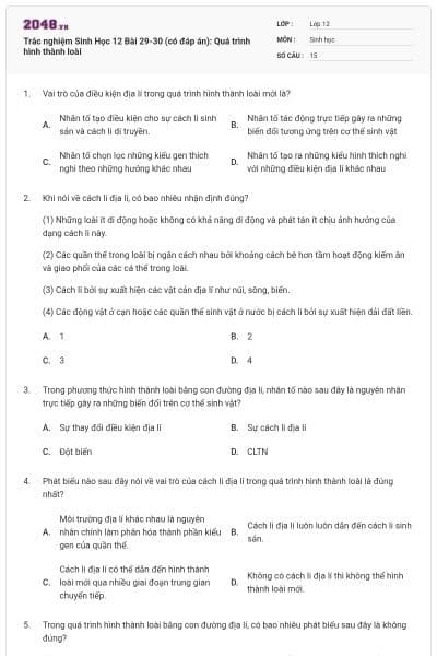 Trắc nghiệm Sinh Học 12 Bài 29-30 (có đáp án): Quá trình hình thành loài