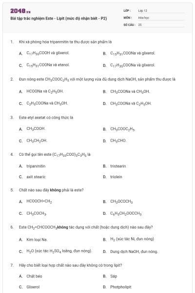 Bài tập trắc nghiệm Este - Lipit (mức độ nhận biết - P2)