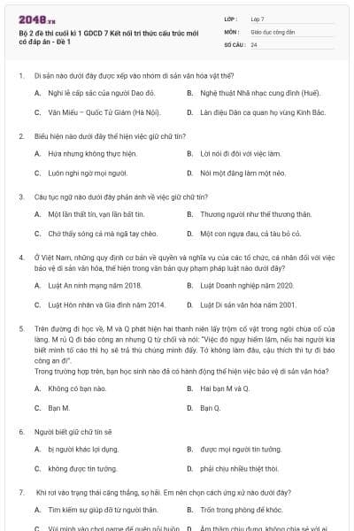 Bộ 2 đề thi cuối kì 1 GDCD 7 Kết nối tri thức cấu trúc mới có đáp án - Đề 1
