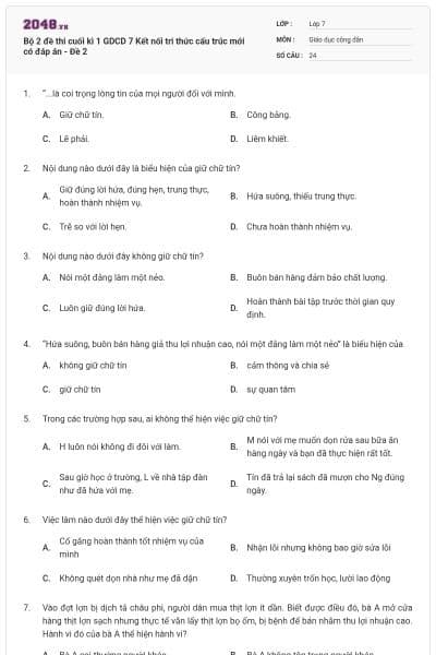 Bộ 2 đề thi cuối kì 1 GDCD 7 Kết nối tri thức cấu trúc mới có đáp án - Đề 2