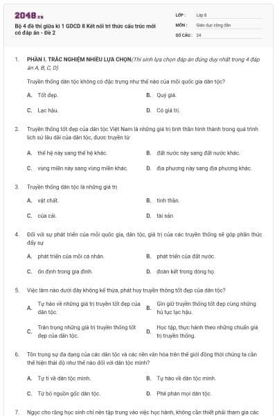 Bộ 4 đề thi giữa kì 1 GDCD 8 Kết nối tri thức cấu trúc mới có đáp án - Đề 2