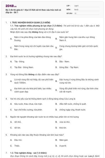 Bộ 2 đề thi giữa kì 1 Địa lí 8 Kết nối tri thức cấu trúc mới có đáp án - Đề 1