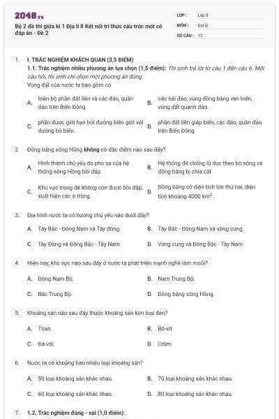 Bộ 2 đề thi giữa kì 1 Địa lí 8 Kết nối tri thức cấu trúc mới có đáp án - Đề 2