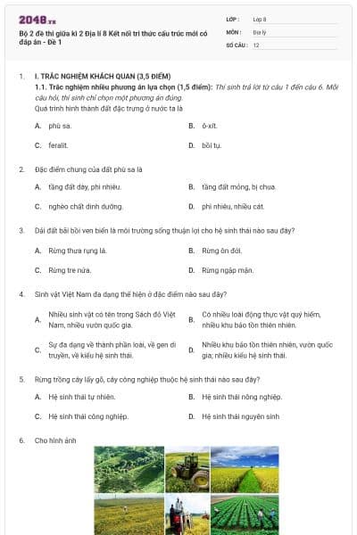 Bộ 2 đề thi giữa kì 2 Địa lí 8 Kết nối tri thức cấu trúc mới có đáp án - Đề 1