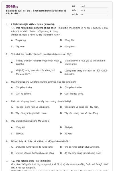 Bộ 2 đề thi cuối kì 1 Địa lí 8 Kết nối tri thức cấu trúc mới có đáp án - Đề 1