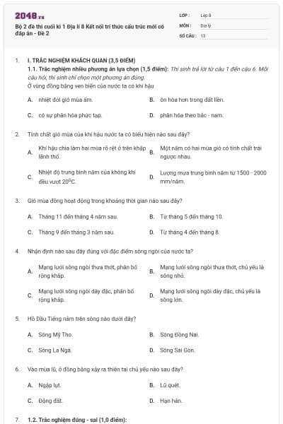 Bộ 2 đề thi cuối kì 1 Địa lí 8 Kết nối tri thức cấu trúc mới có đáp án - Đề 2