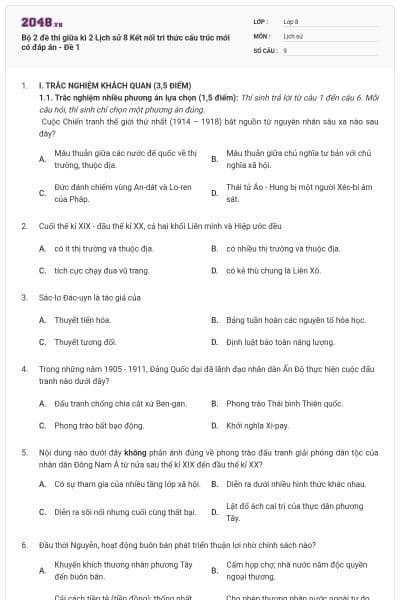 Bộ 2 đề thi giữa kì 2 Lịch sử 8 Kết nối tri thức cấu trúc mới có đáp án - Đề 1