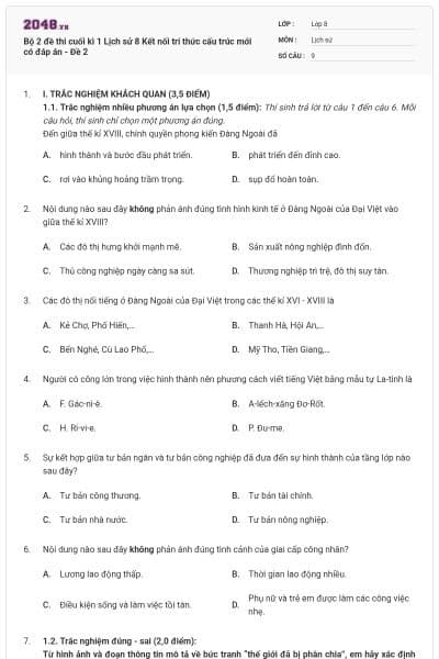 Bộ 2 đề thi cuối kì 1 Lịch sử 8 Kết nối tri thức cấu trúc mới có đáp án - Đề 2