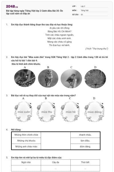 Bài tập hàng ngày Tiếng Việt lớp 2 Cánh diều Bài 35: Ôn tập cuối năm có đáp án