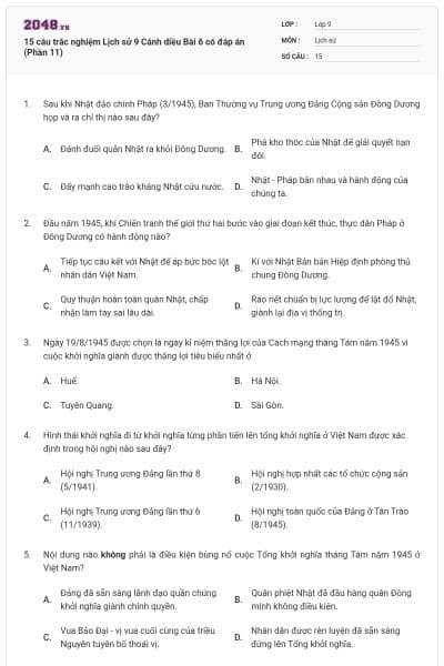 15 câu trắc nghiệm Lịch sử 9 Cánh diều Bài 6 có đáp án (Phần 11)