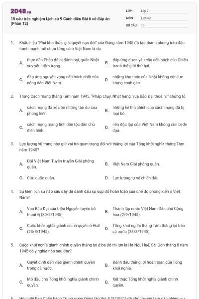 15 câu trắc nghiệm Lịch sử 9 Cánh diều Bài 6 có đáp án (Phần 12)