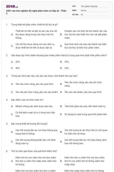 200+ câu trắc nghiệm Kỹ nghệ phần mềm có đáp án - Phần 2