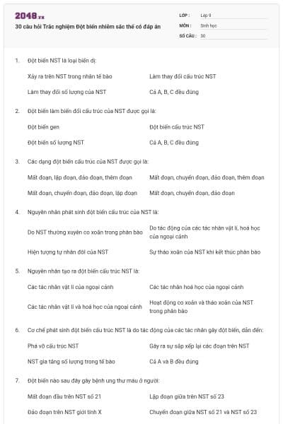 30 câu hỏi Trắc nghiệm Đột biến nhiễm sắc thể có đáp án