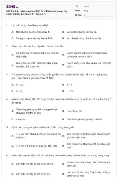 568 Bài trắc nghiệm ôn tập Điện tích. Điện trường cực hay có lời giải chi tiết (Vật lí 11) (Đề số 7)