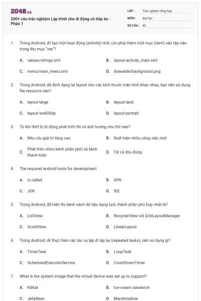 200+ câu trắc nghiệm Lập trình cho di động có đáp án - Phần 1