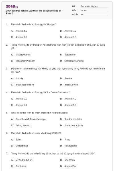 200+ câu trắc nghiệm Lập trình cho di động có đáp án - Phần 3