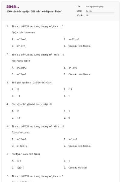 200+ câu trắc nghiệm Giải tích 1 có đáp án - Phần 1