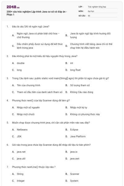 200+ câu trắc nghiệm Lập trình Java cơ sở có đáp án - Phần 1
