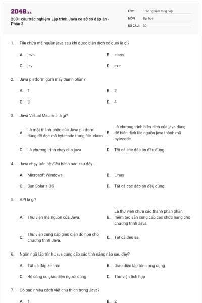 200+ câu trắc nghiệm Lập trình Java cơ sở có đáp án - Phần 3