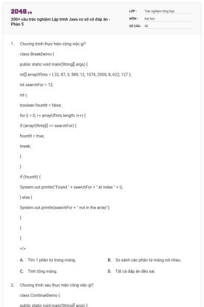 200+ câu trắc nghiệm Lập trình Java cơ sở có đáp án - Phần 5