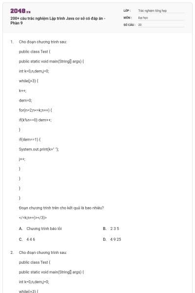 200+ câu trắc nghiệm Lập trình Java cơ sở có đáp án - Phần 9