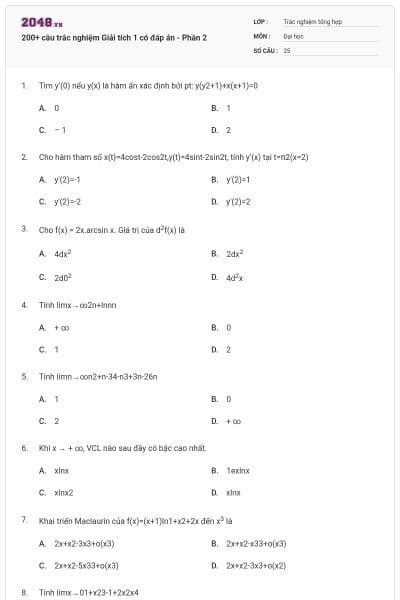 200+ câu trắc nghiệm Giải tích 1 có đáp án - Phần 2