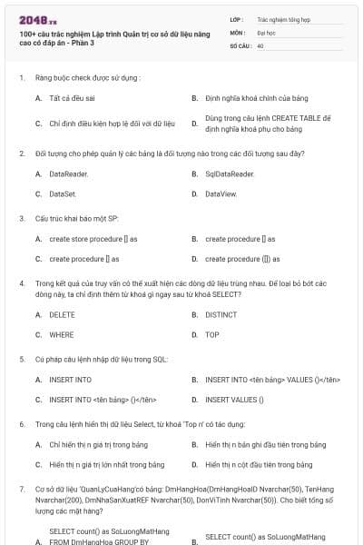 100+ câu trắc nghiệm Lập trình Quản trị cơ sở dữ liệu nâng cao có đáp án - Phần 3