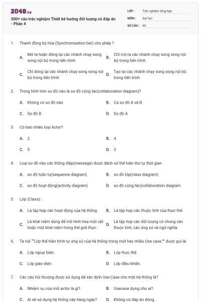 300+ câu trắc nghiệm Thiết kế hướng đối tượng có đáp án - Phần 4