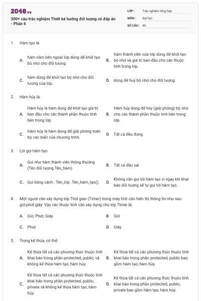 300+ câu trắc nghiệm Thiết kế hướng đối tượng có đáp án - Phần 6