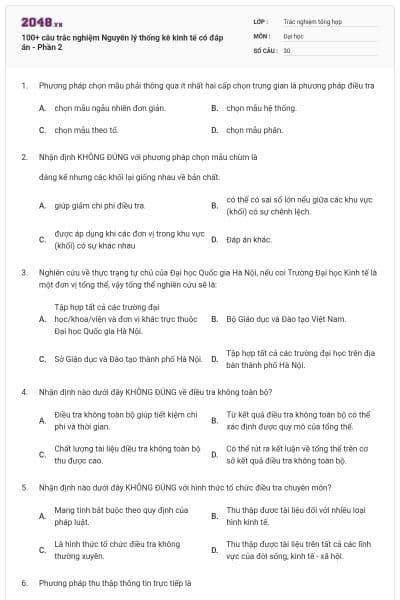 100+ câu trắc nghiệm Nguyên lý thống kê kinh tế có đáp án - Phần 2