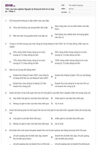 100+ câu trắc nghiệm Nguyên lý thống kê kinh tế có đáp án - Phần 3
