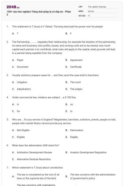 100+ câu trắc nghiệm Tiếng Anh pháp lý có đáp án - Phần 2