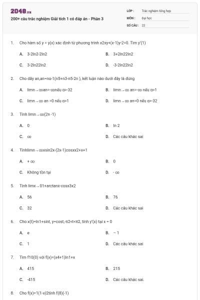 200+ câu trắc nghiệm Giải tích 1 có đáp án - Phần 3