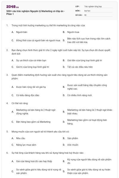 500+ câu trắc nghiệm Nguyên lý Marketing có đáp án - Phần 1
