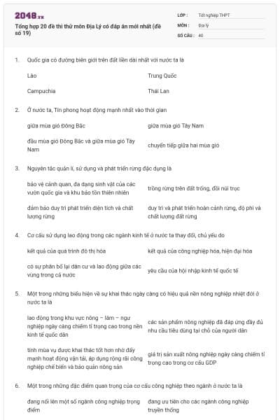 Tổng hợp 20 đề thi thử môn Địa Lý có đáp án mới nhất (đề số 19)