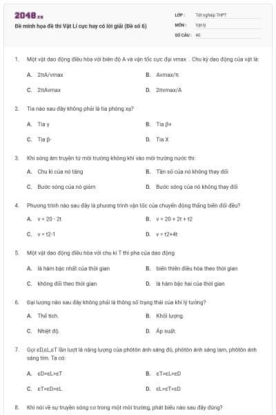 Đề minh họa đề thi Vật Lí cực hay có lời giải (Đề số 6)