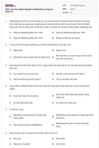 500+ câu trắc nghiệm Nguyên lý Marketing có đáp án - Phần 10