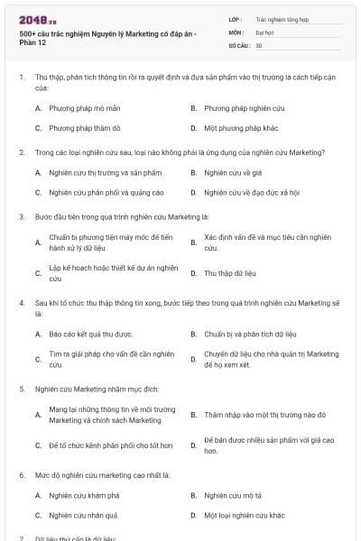 500+ câu trắc nghiệm Nguyên lý Marketing có đáp án - Phần 12