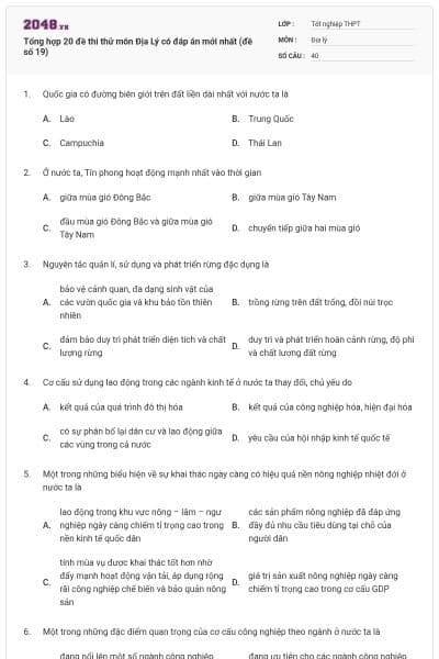 Tổng hợp 20 đề thi thử môn Địa Lý có đáp án mới nhất (đề số 19)