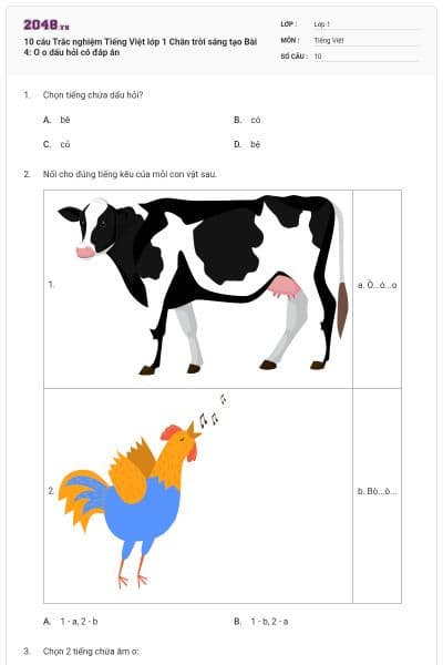 10 câu Trắc nghiệm Tiếng Việt lớp 1 Chân trời sáng tạo Bài 4: O o dấu hỏi có đáp án